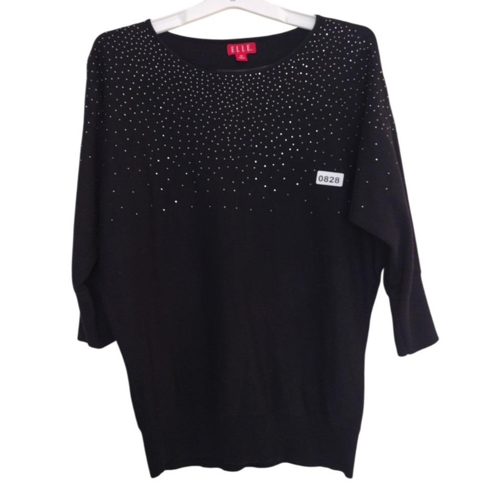 ELLE Sweater‎ Women's XS Black Studded Rhinestone Scoop Neck 3/4 Sleeves Party